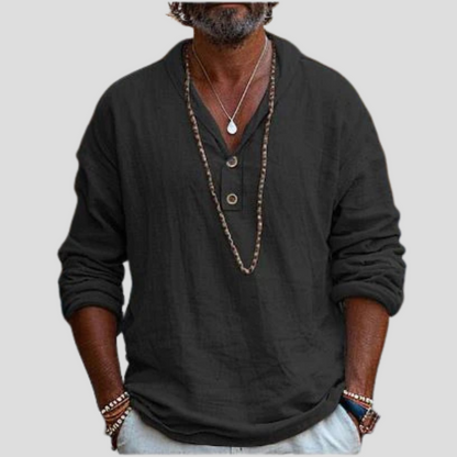 Momount Men Linen Henley Shirt – Long Sleeve Band Collar Refined Casual