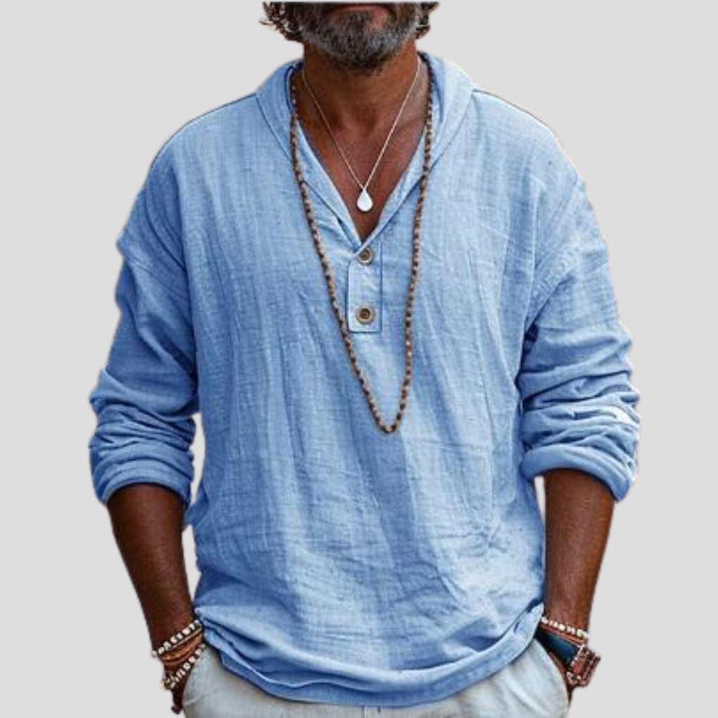 Momount Men Linen Henley Shirt – Long Sleeve Band Collar Refined Casual