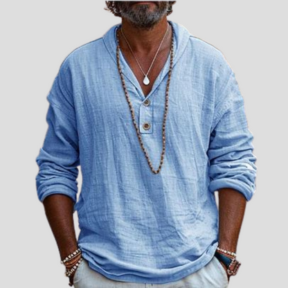 Momount Men Linen Henley Shirt – Long Sleeve Band Collar Refined Casual