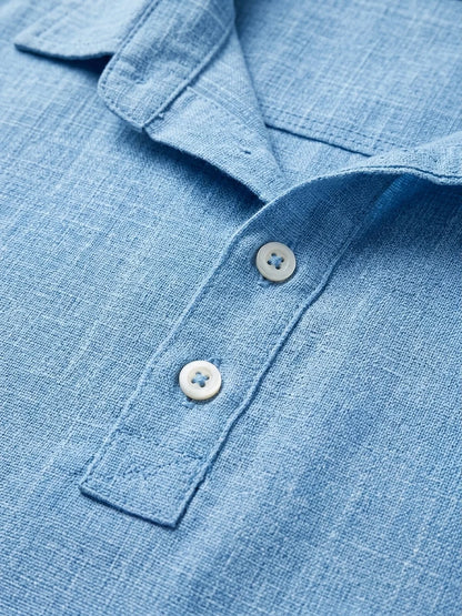 Momount Men Linen Shirt – Long Sleeve Popover Button Placket Casual - Sky Blue - detail