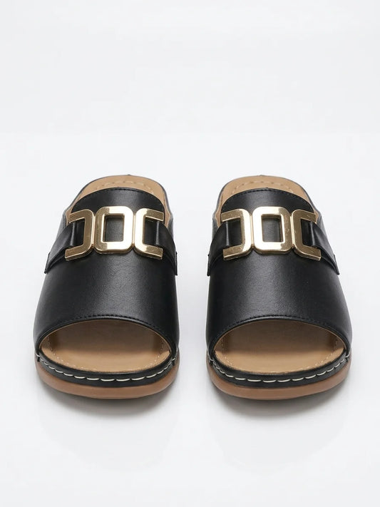 Women's Slide Sandals – Open Toe Wide Band Buckle Detail - Black - front