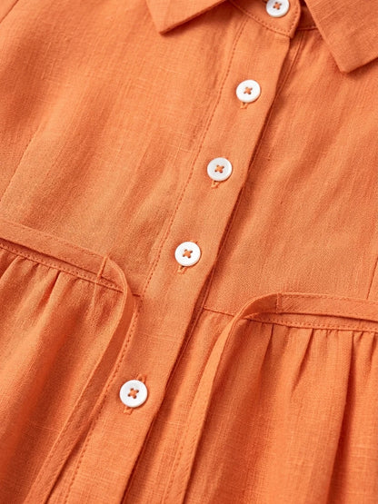 Hazel Tie-Waist Midi Dress | Button Front, V-Neck, Casual - Orange - detail