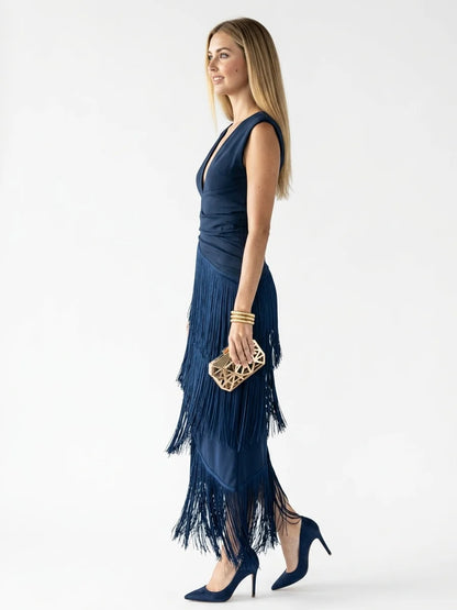 Dolce V-Neck Maxi Dress | Pleated, Fringe Detail, Festive - main - side