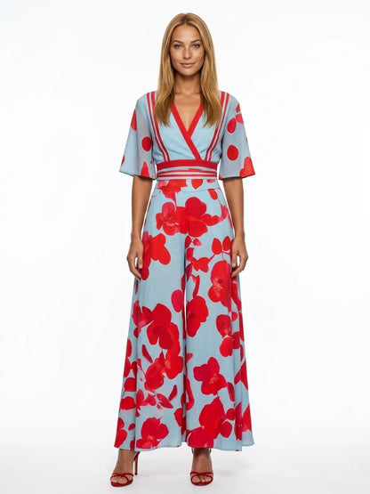 Elena Floral Wrap Maxi Dress | V-Neck, Summer Elegance - Blue & Red - front