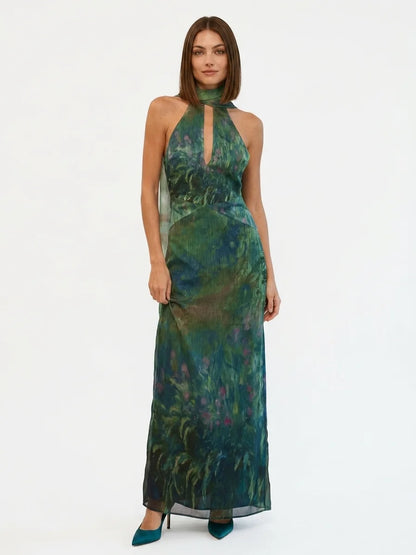 Evangelista | Floral Chiffon Halter Maxi Dress - main - front