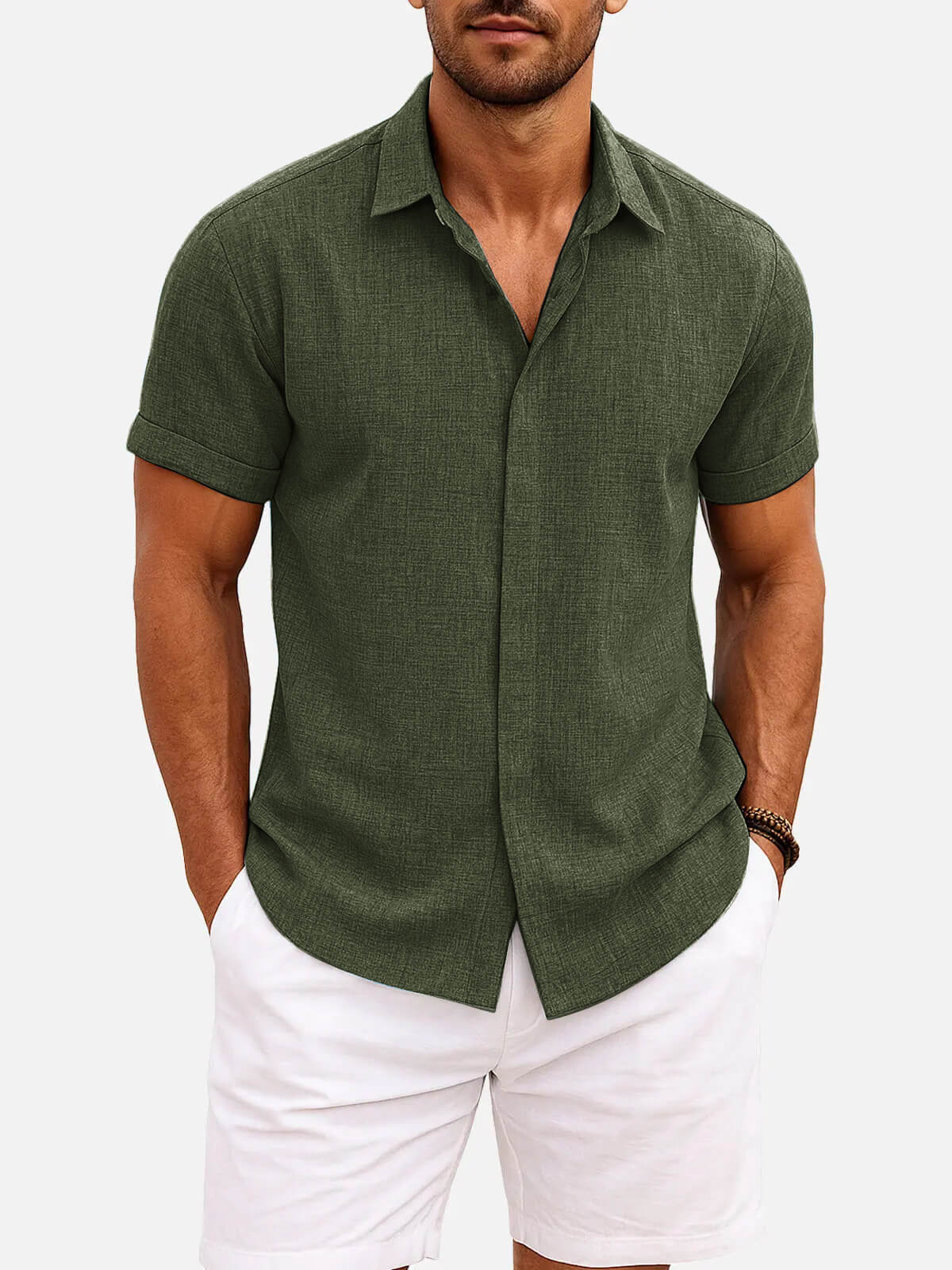Momount Men Linen Shirt – Short Sleeve Turn Down Collar Cotton Blend Casual