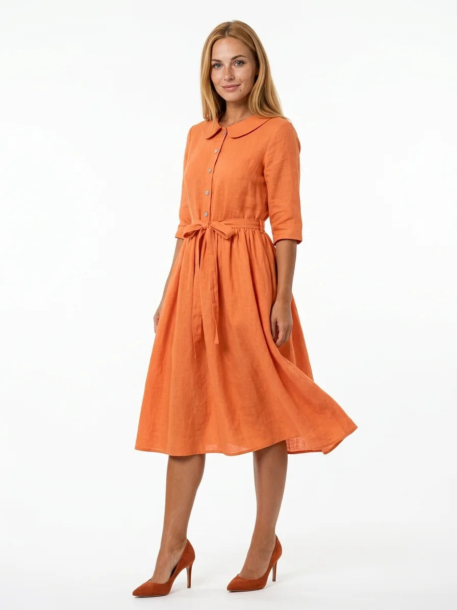 Hazel Tie-Waist Midi Dress | Button Front, V-Neck, Casual - Orange - 3/4