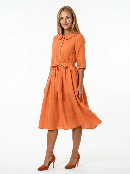 Hazel Tie-Waist Midi Dress | Button Front, V-Neck, Casual - Orange - 3/4