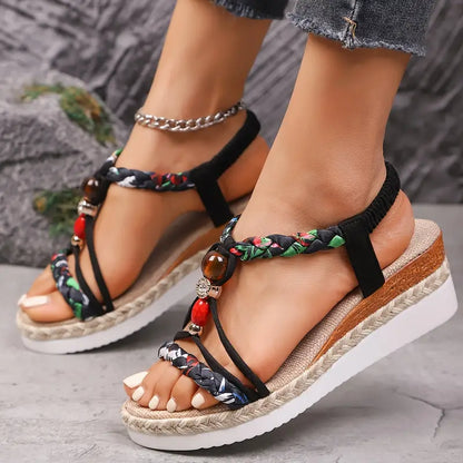 Momount ženske espadrile sandale s punom petom – boho pleteni detalji, perlice, cirkoni