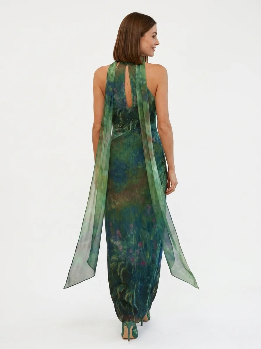 Evangelista | Floral Chiffon Halter Maxi Dress - main - back