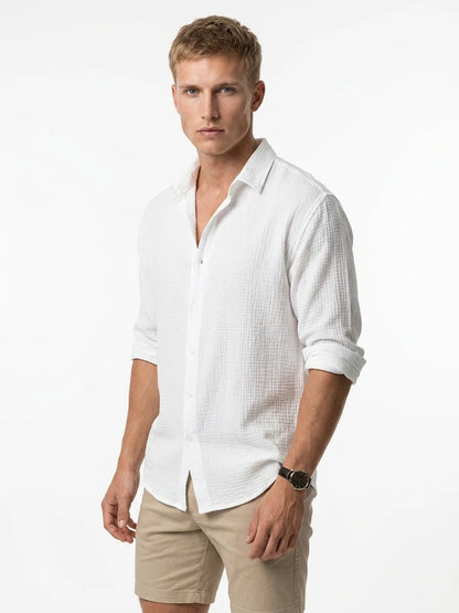 Momount Men Waffle Linen Shirt – Long Sleeve Button Up Textured Casual - White - 3/4