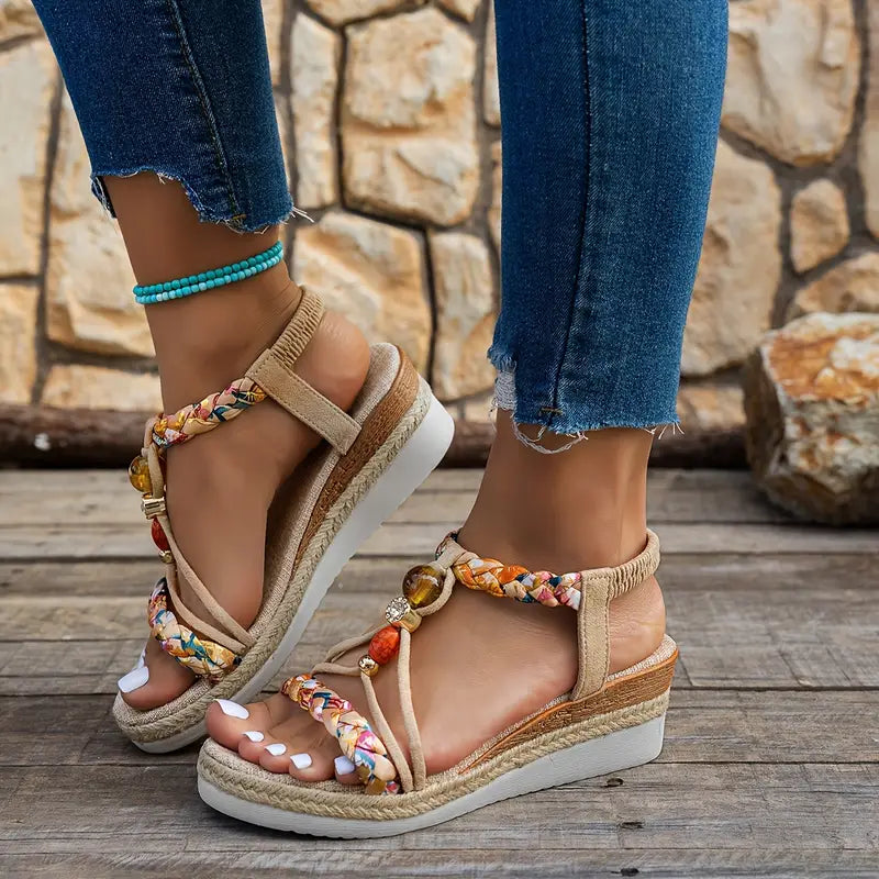 Momount ženske espadrile sandale s punom petom – boho pleteni detalji, perlice, cirkoni