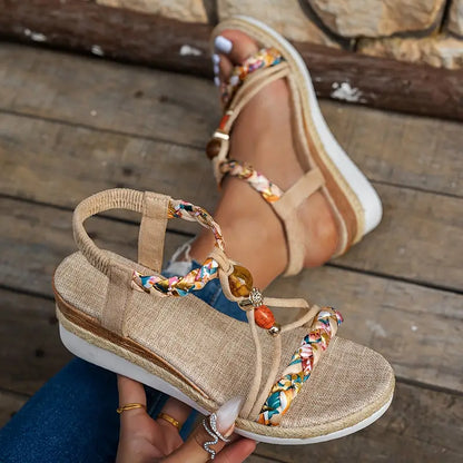 Momount ženske espadrile sandale s punom petom – boho pleteni detalji, perlice, cirkoni