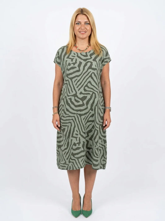 Cleo Abstract Shift Dress | Short Sleeve, Playful Print - Green - front