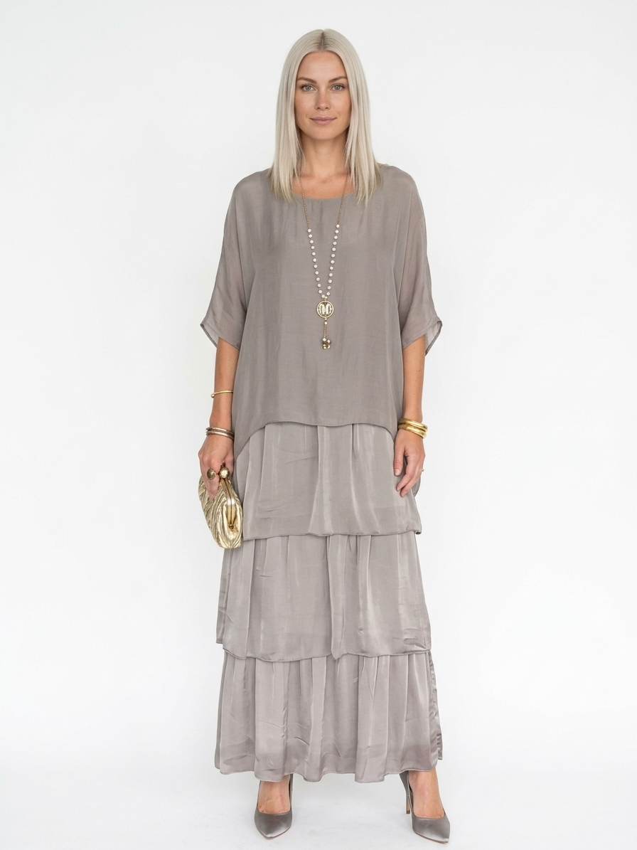 Caroline Maxi Dress | Bat Sleeves, Ruffled Skirt, Relaxed - Grey - front