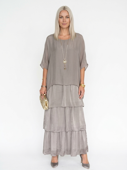 Caroline Maxi Dress | Bat Sleeves, Ruffled Skirt, Relaxed - Grey - front