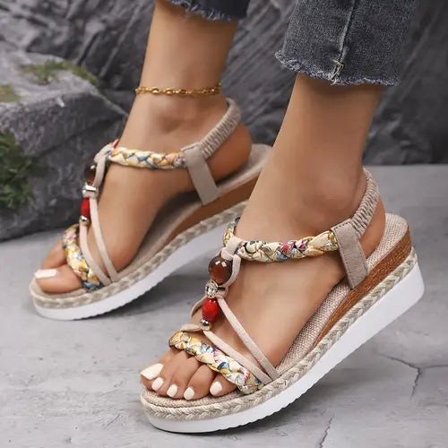 Momount ženske espadrile sandale s punom petom – boho pleteni detalji, perlice, cirkoni