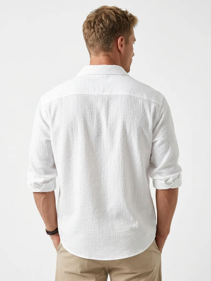 Momount Men Waffle Linen Shirt – Long Sleeve Button Up Textured Casual - White - back