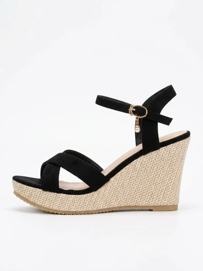 Women's Wedge Sandals – Open Toe Ankle Strap Cross Straps - Black - side