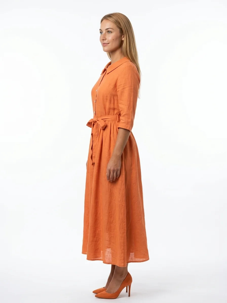 Hazel Tie-Waist Midi Dress | Button Front, V-Neck, Casual - Orange - side