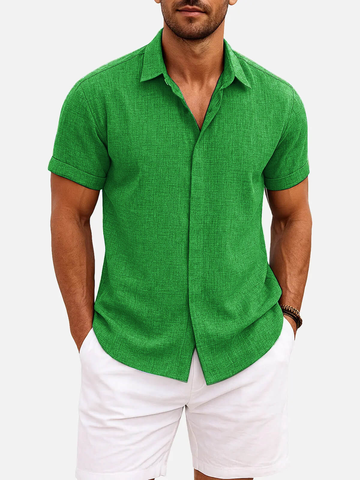 Momount Men Linen Shirt – Short Sleeve Turn Down Collar Cotton Blend Casual