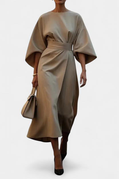 Momount Women’s Work Midi Dress – Belted Loose Fit Wide Sleeve Elegant Office Dress