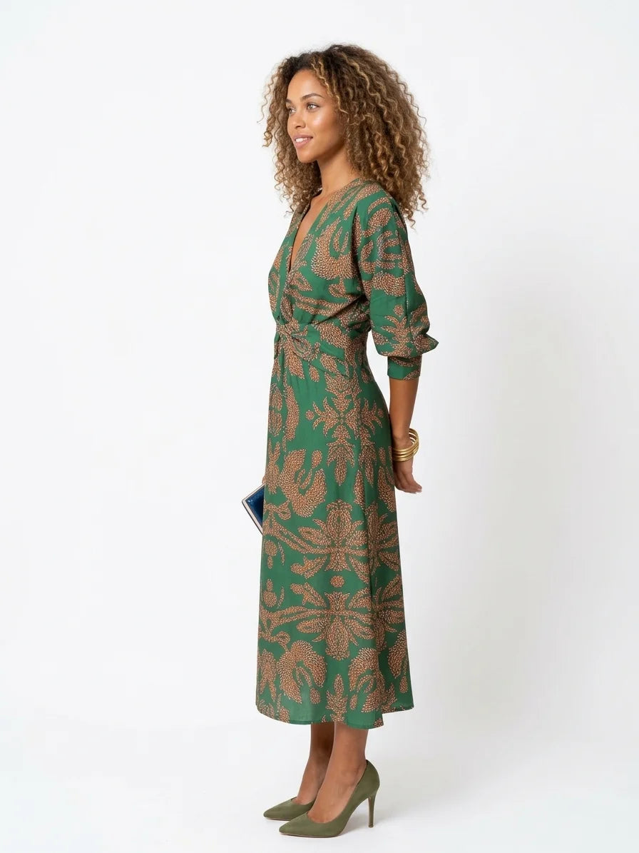 Sienna Midi Dress | Blue & Gold Print, Knot Front, Long Sleeve - Green - side