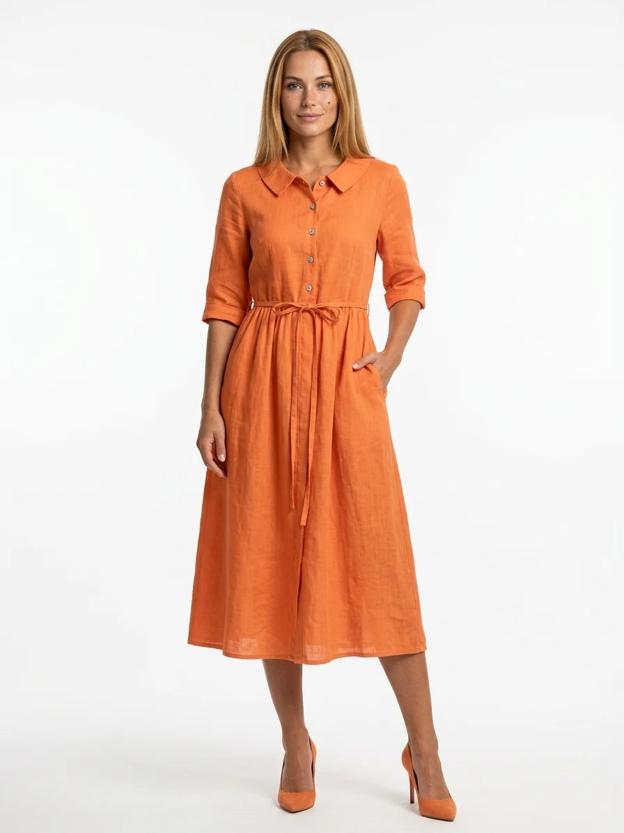 Hazel Tie-Waist Midi Dress | Button Front, V-Neck, Casual - Orange - front