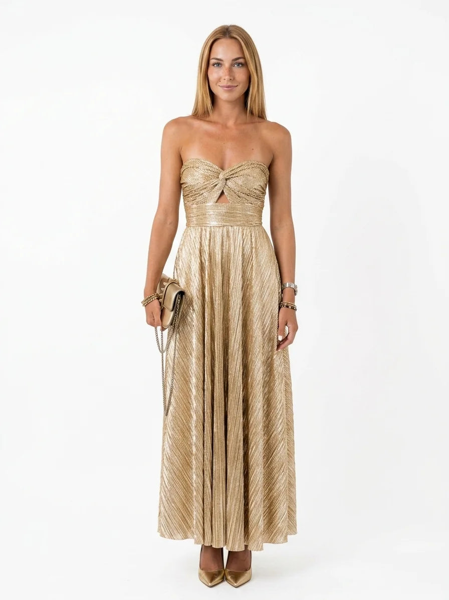 Persephone | Elegant Metallic Pleated Strapless Maxi Dress - Gold - front