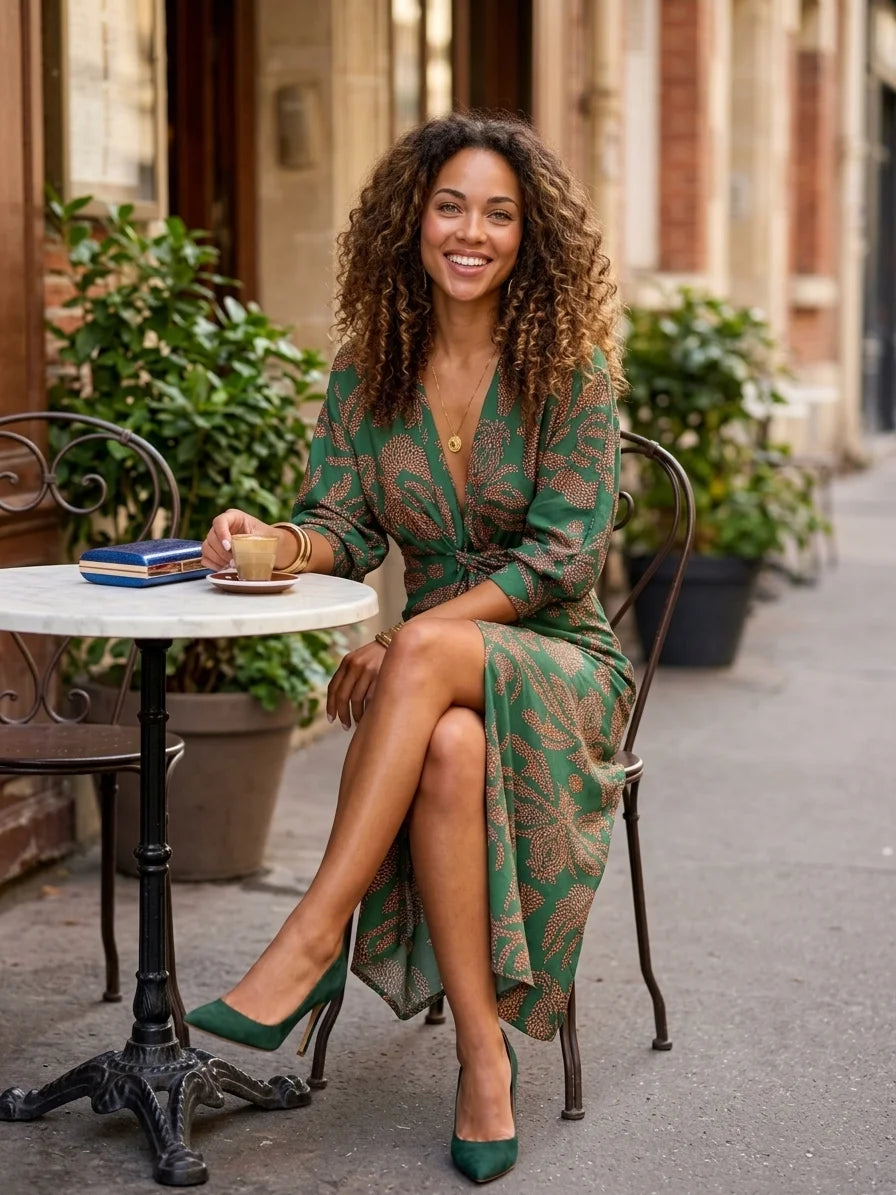 Sienna Midi Dress | Blue & Gold Print, Knot Front, Long Sleeve - Green - lifestyle_cafe