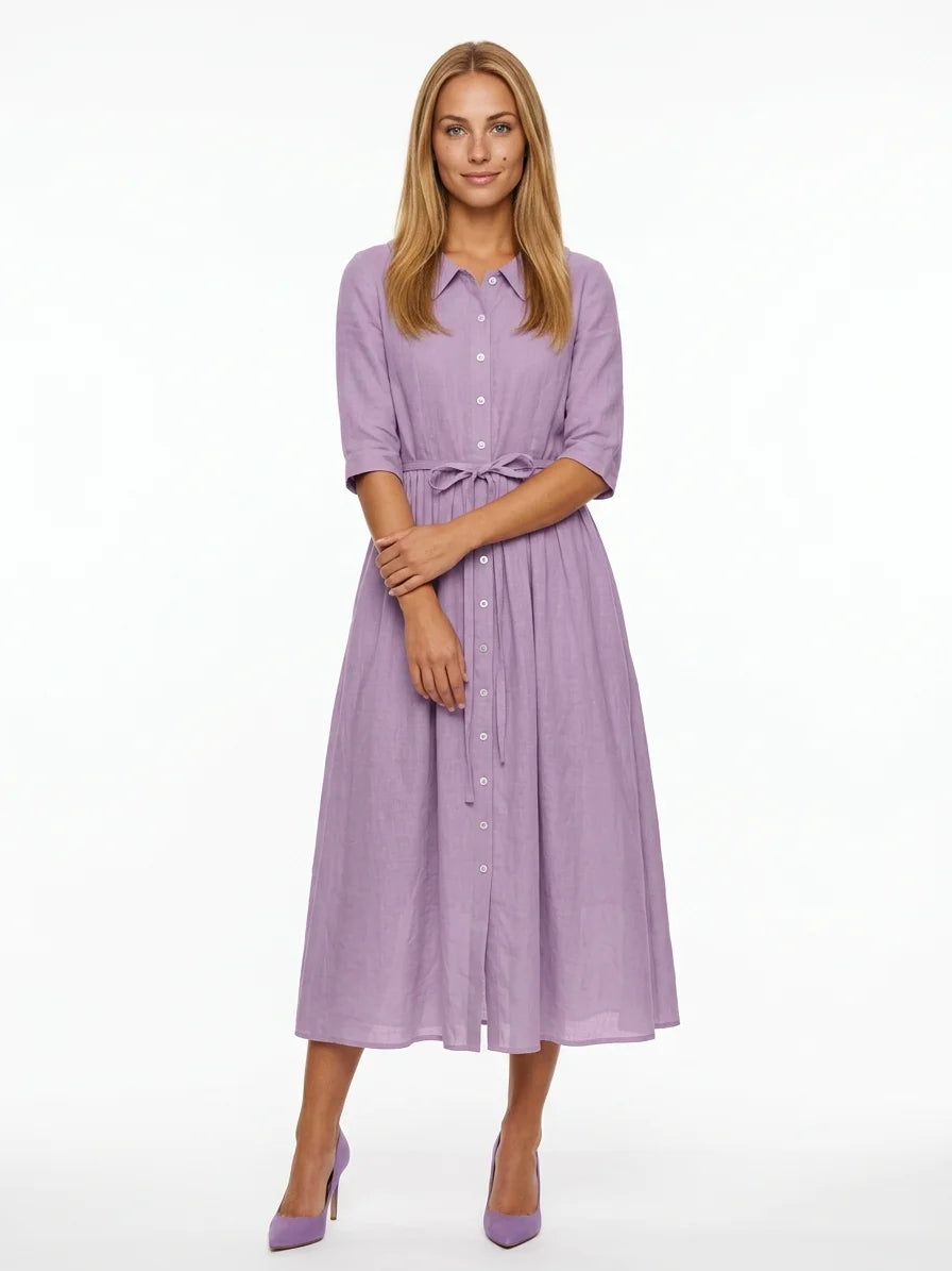 Hazel Tie-Waist Midi Dress | Button Front, V-Neck, Casual - Purple - front