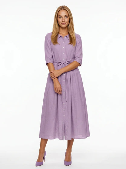 Hazel Tie-Waist Midi Dress | Button Front, V-Neck, Casual - Purple - front