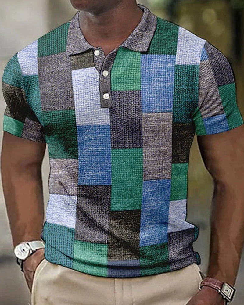 Momount Men Checkered Polo Shirt – Patchwork Short Sleeve Casual