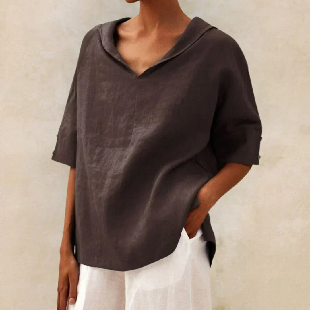 Momount Damen Leinenhemd – V-Ausschnitt, Reverskragen, oversized, für den Sommer