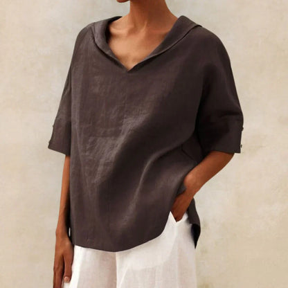 Momount Damen Leinenhemd – V-Ausschnitt, Reverskragen, oversized, für den Sommer