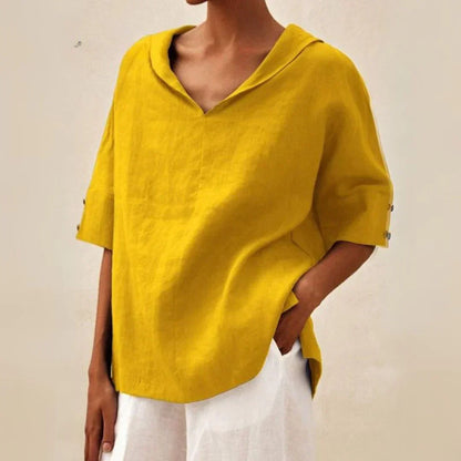 Momount Damen Leinenhemd – V-Ausschnitt, Reverskragen, oversized, für den Sommer