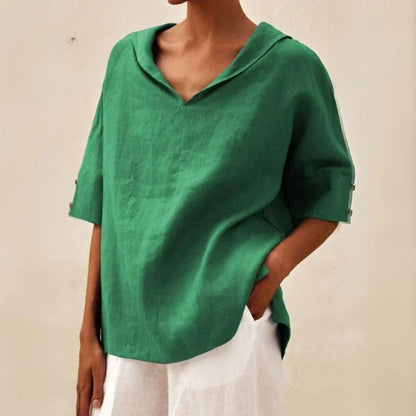Momount Damen Leinenhemd – V-Ausschnitt, Reverskragen, oversized, für den Sommer