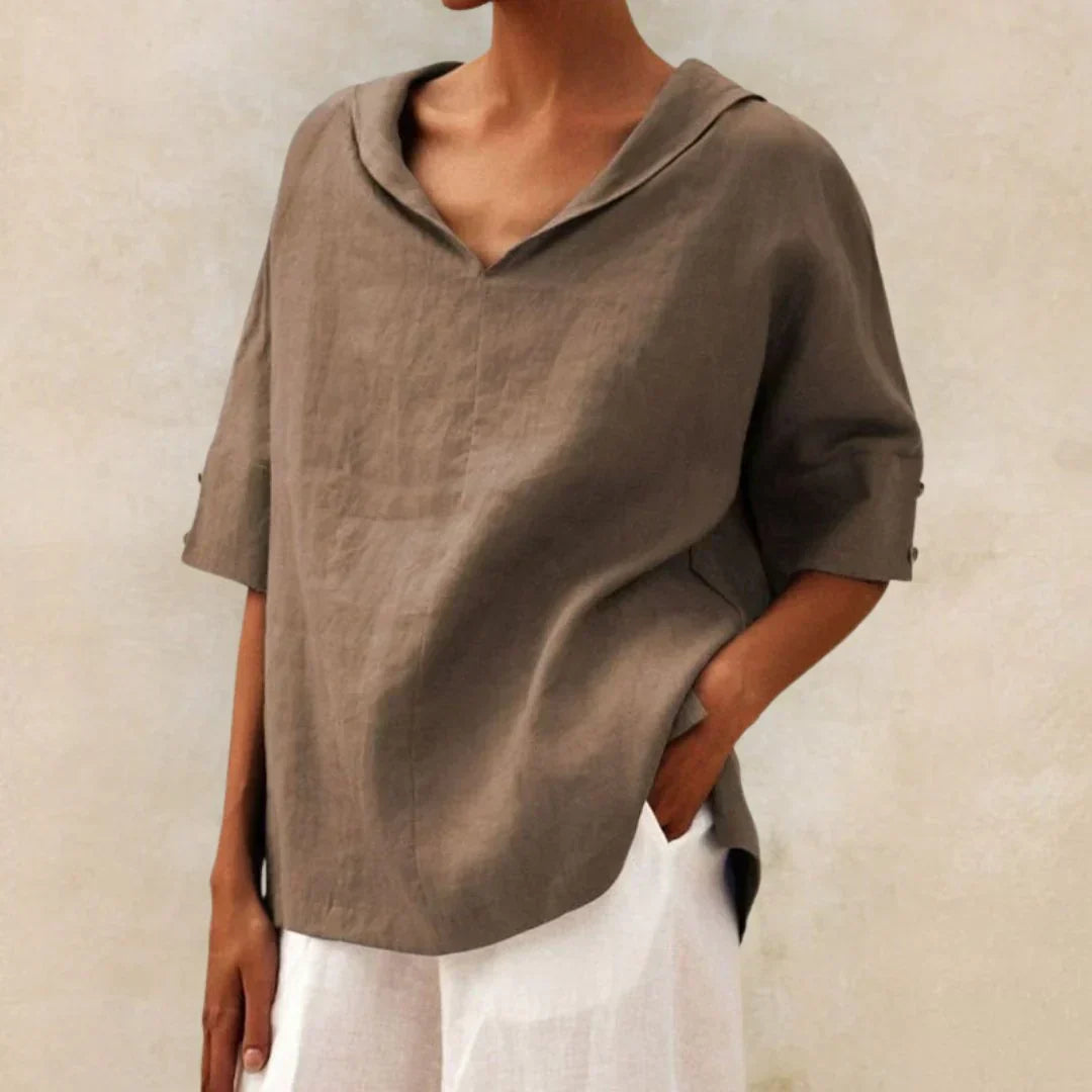Momount Damen Leinenhemd – V-Ausschnitt, Reverskragen, oversized, für den Sommer