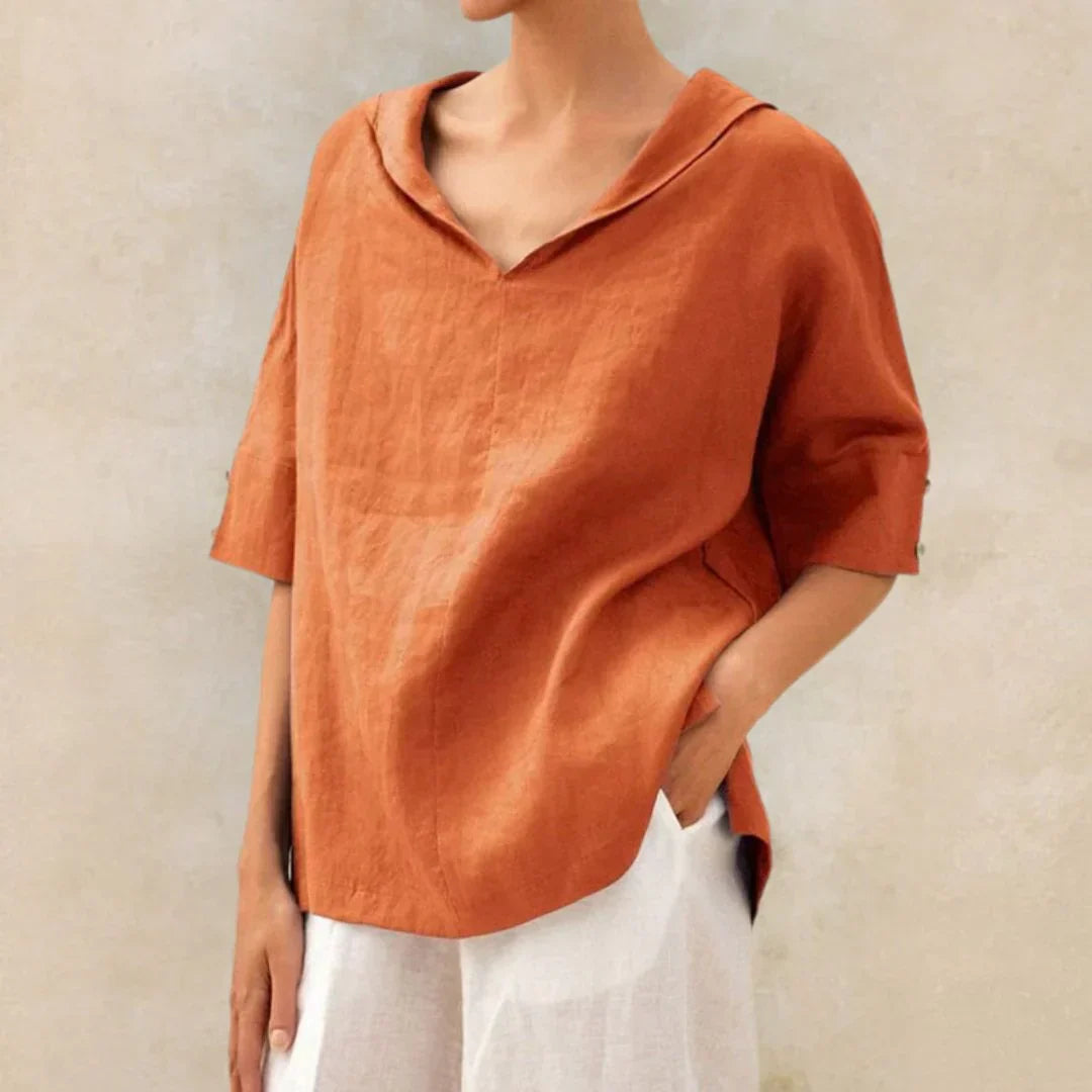 Momount Damen Leinenhemd – V-Ausschnitt, Reverskragen, oversized, für den Sommer