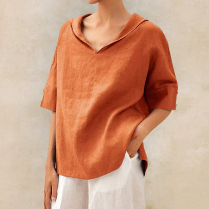Momount Damen Leinenhemd – V-Ausschnitt, Reverskragen, oversized, für den Sommer