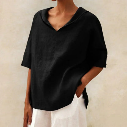 Momount Damen Leinenhemd – V-Ausschnitt, Reverskragen, oversized, für den Sommer