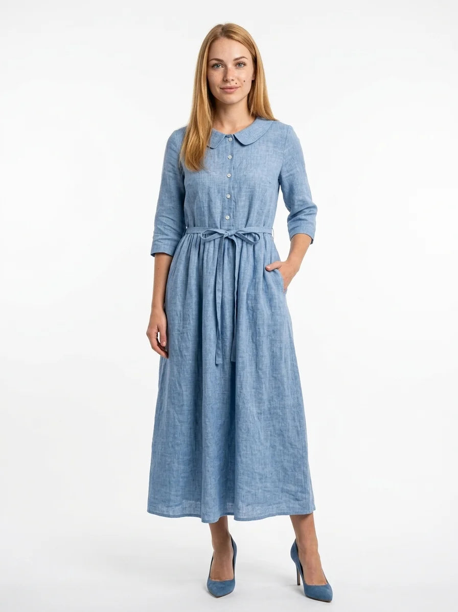 Hazel Tie-Waist Midi Dress | Button Front, V-Neck, Casual - Blue - front