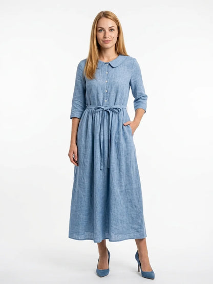 Hazel Tie-Waist Midi Dress | Button Front, V-Neck, Casual - Blue - front
