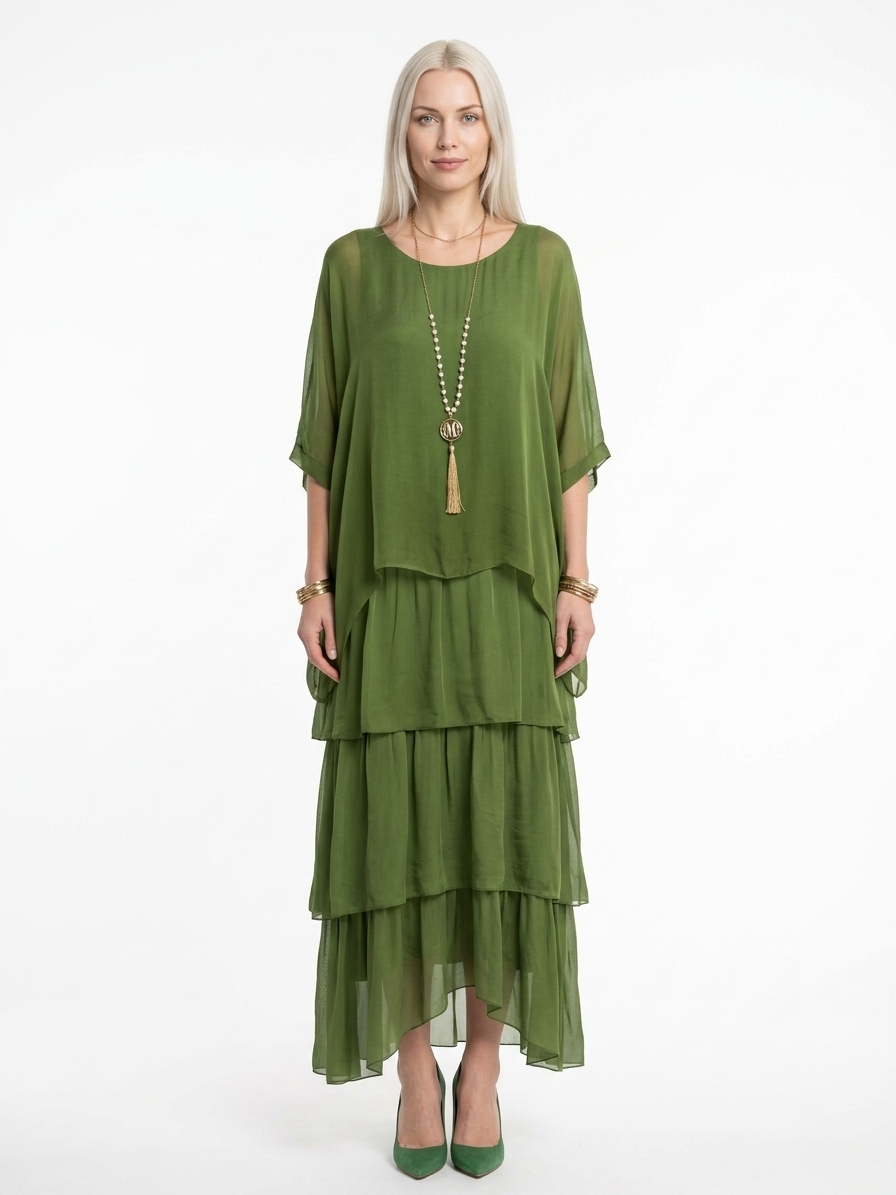 Caroline Maxi Dress | Bat Sleeves, Ruffled Skirt, Relaxed - Green - front