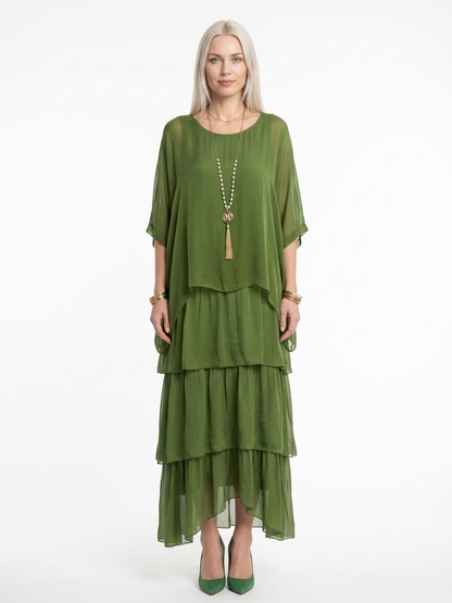 Caroline Maxi Dress | Bat Sleeves, Ruffled Skirt, Relaxed - Green - front