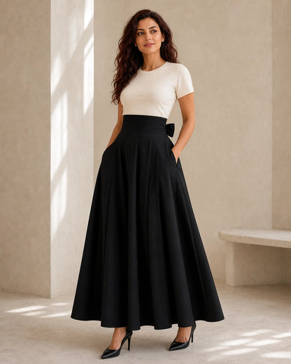 Hoch sitzender Damen-Midirock mit Schleife und Taschen — image 3