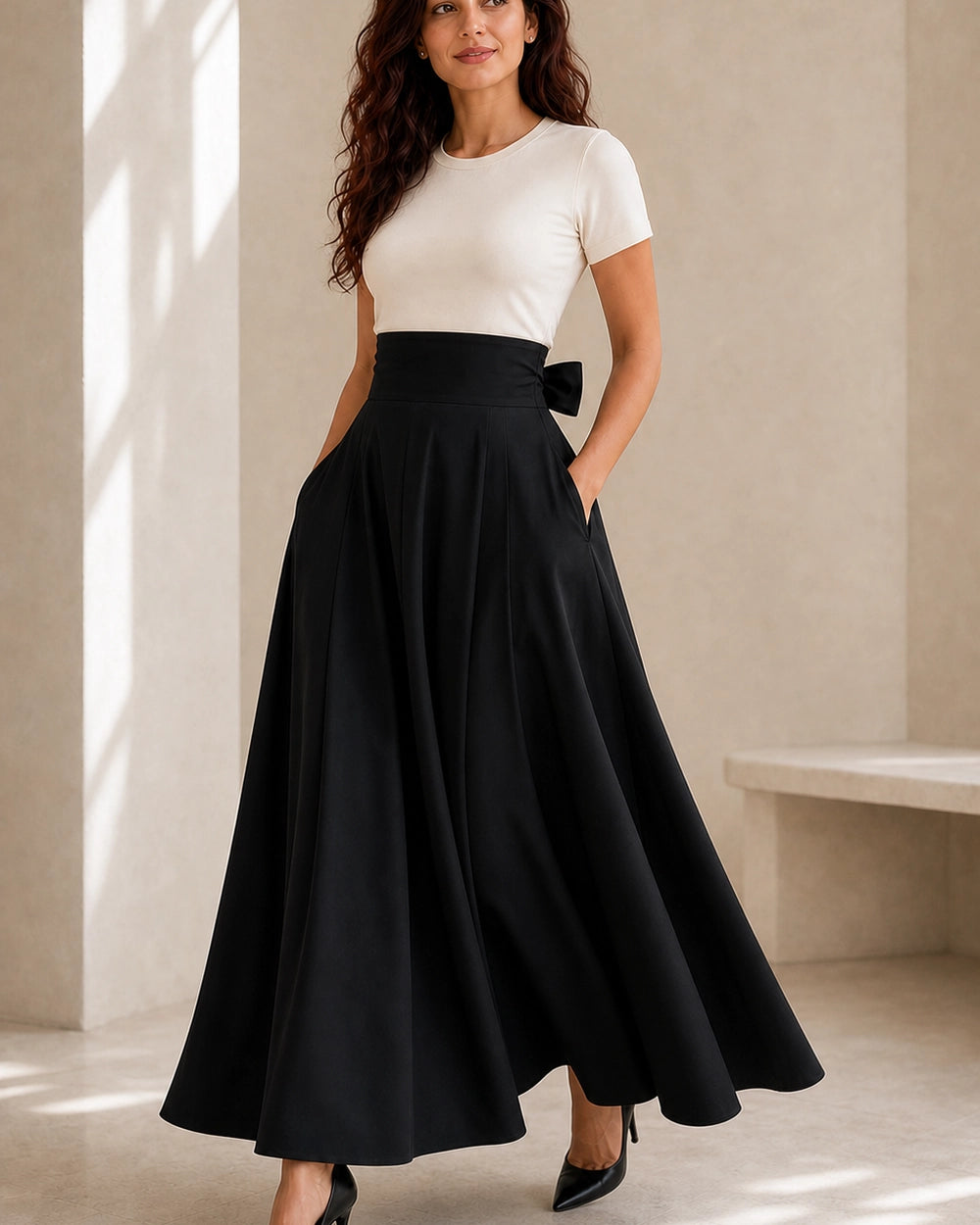 Hoch sitzender Damen-Midirock mit Schleife und Taschen — image 6