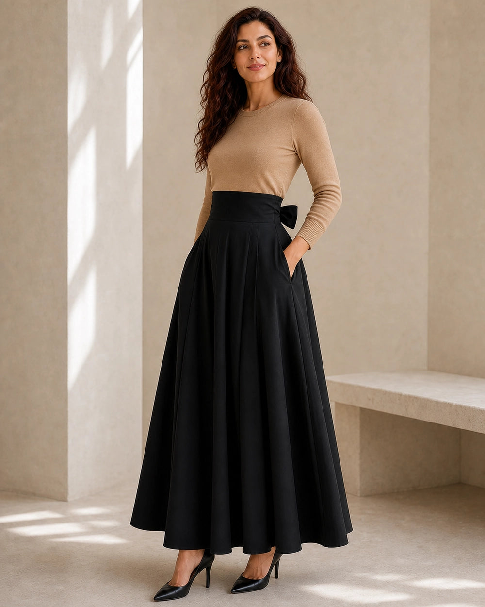 Hoch sitzender Damen-Midirock mit Schleife und Taschen — image 7