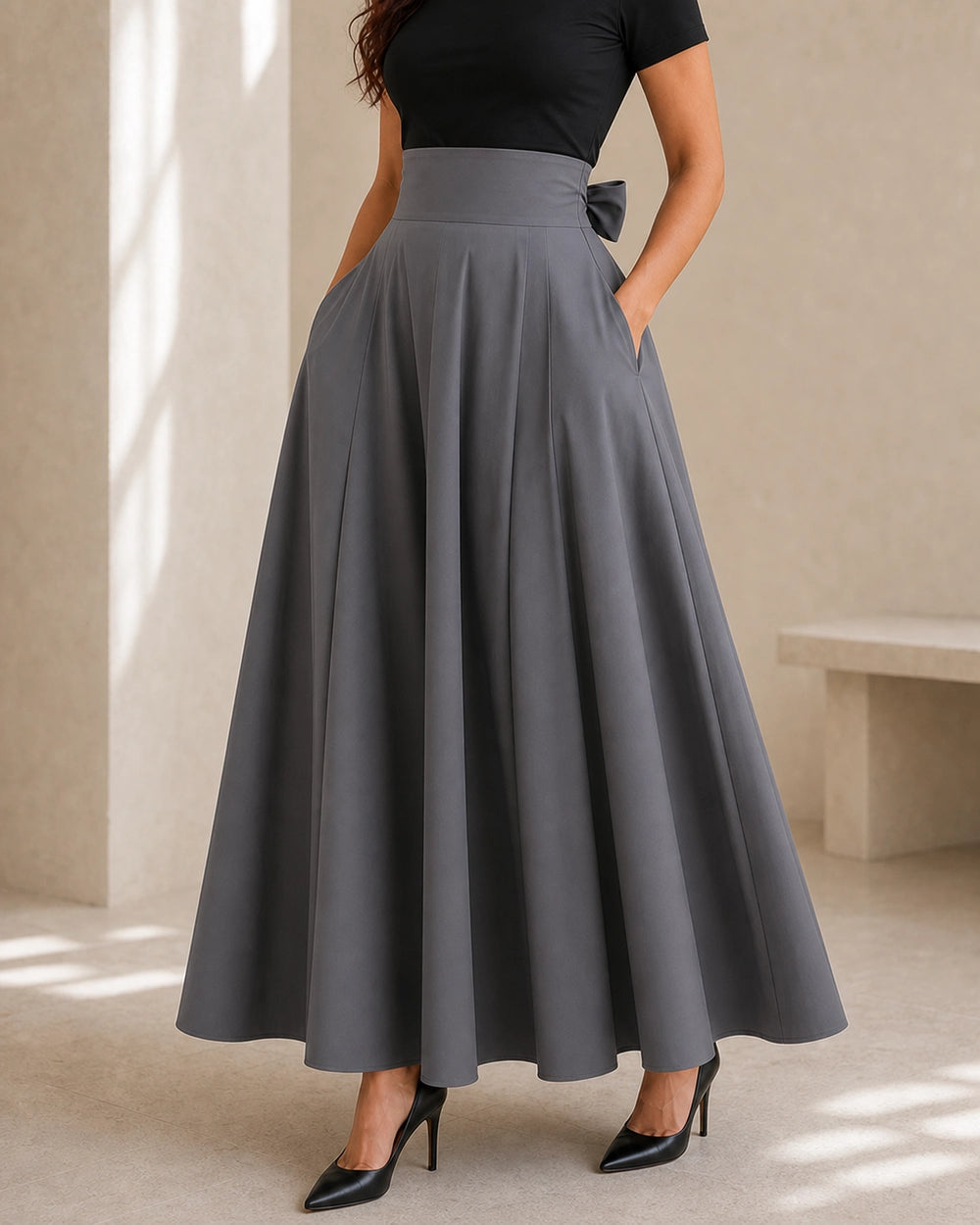 Hoch sitzender Damen-Midirock mit Schleife und Taschen — image 9