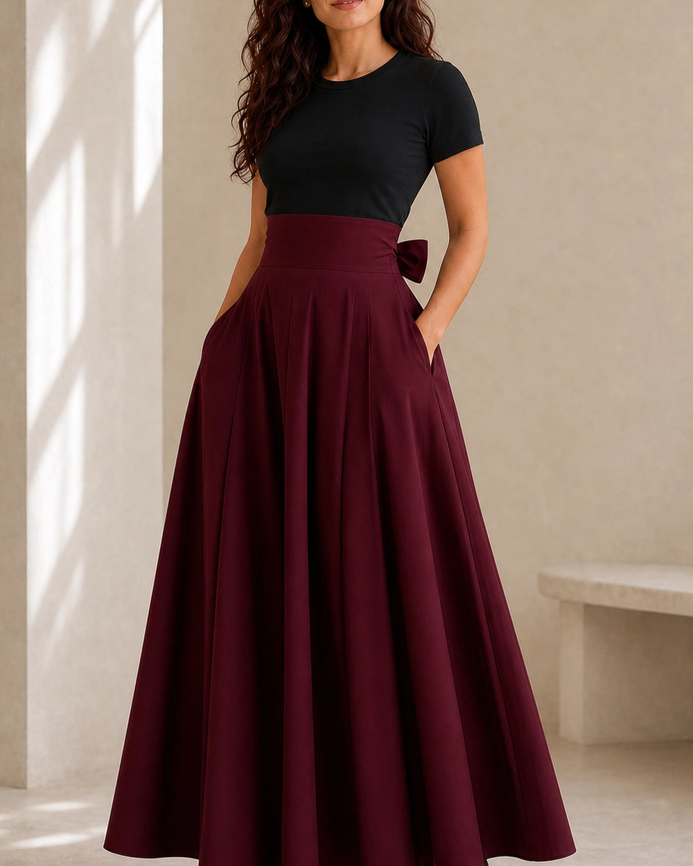 Hoch sitzender Damen-Midirock mit Schleife und Taschen — image 10